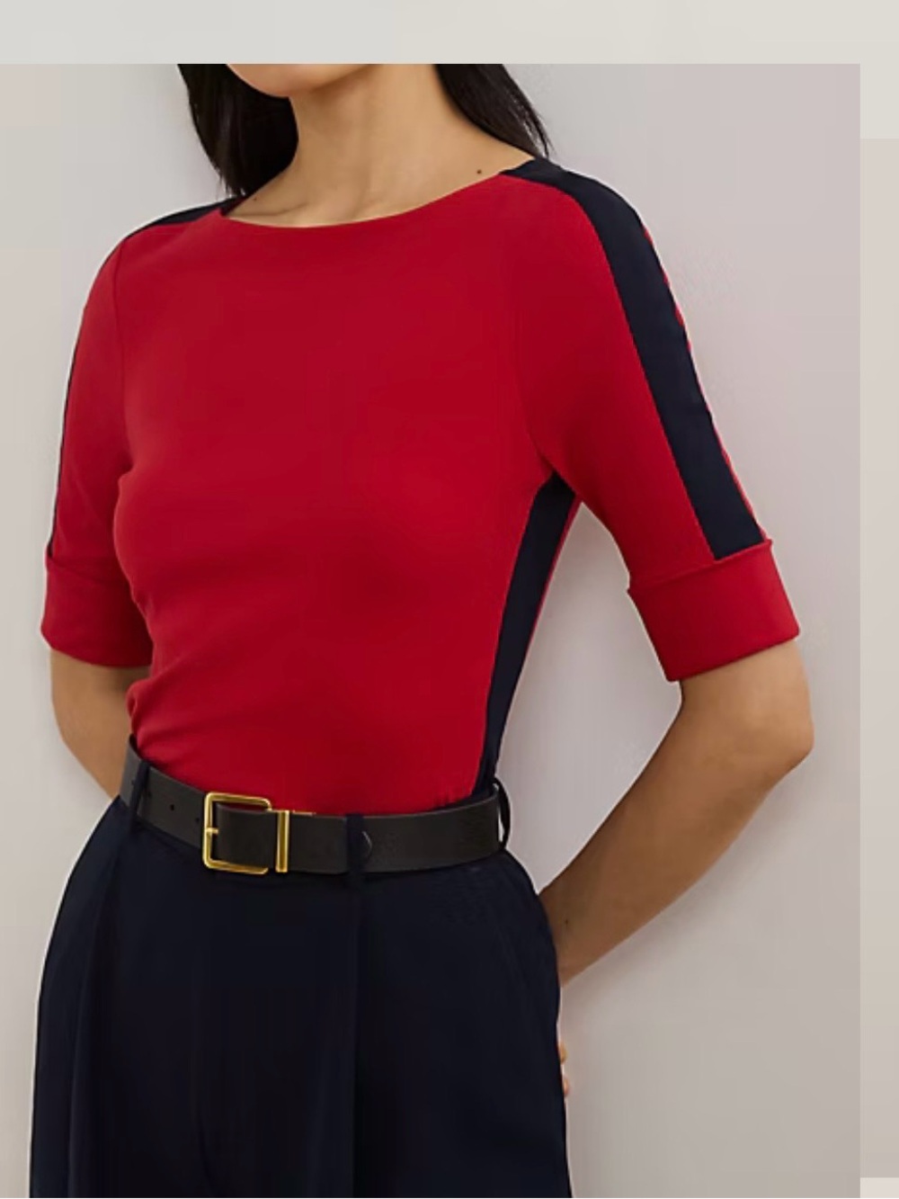 Lauren Ralph Lauren Two-Tone Stretch Cotton Elbow-Sleeve Tee. Sz L - Picture 4 of 11